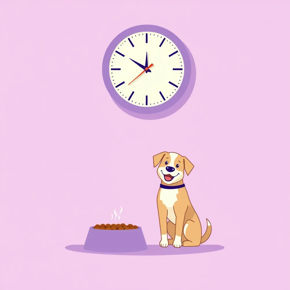Ilustración: un reloj de pared y un perro contento junto a su plato de comida